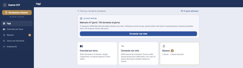 La schermata Oggi dell’app Esame OCF: quante domande al giorno mancano alla prova