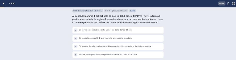 La simulazione d’esame dell’app Esame OCF, con il cronometro e le quattro risposte